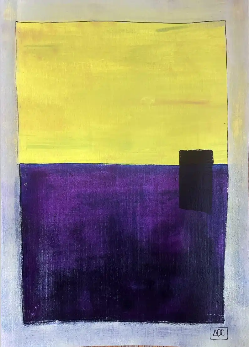 Acrylic on paper: yellow field above deep violet ground with near-black rectangle at boundary, vertical format.