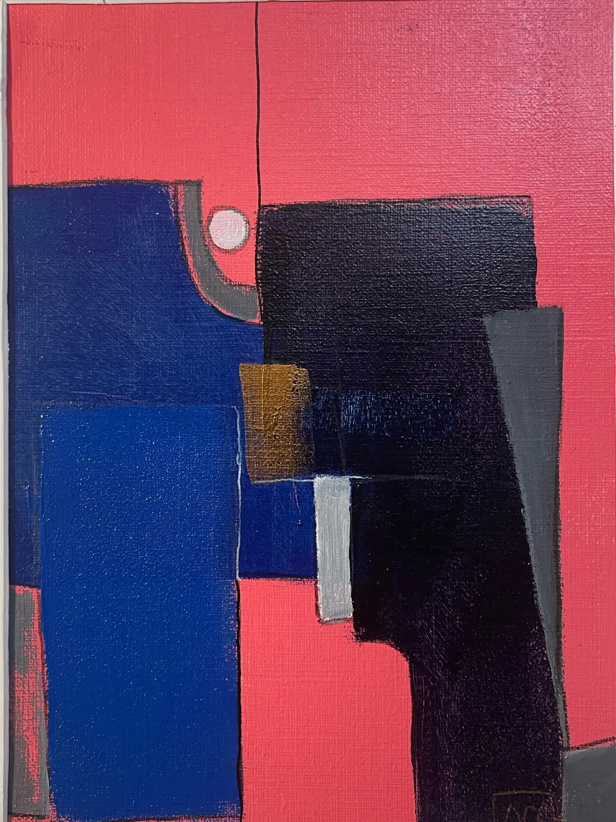 Acrylic painting showing indian red, violet, and black areas with russet and purple accents in vertical arrangement