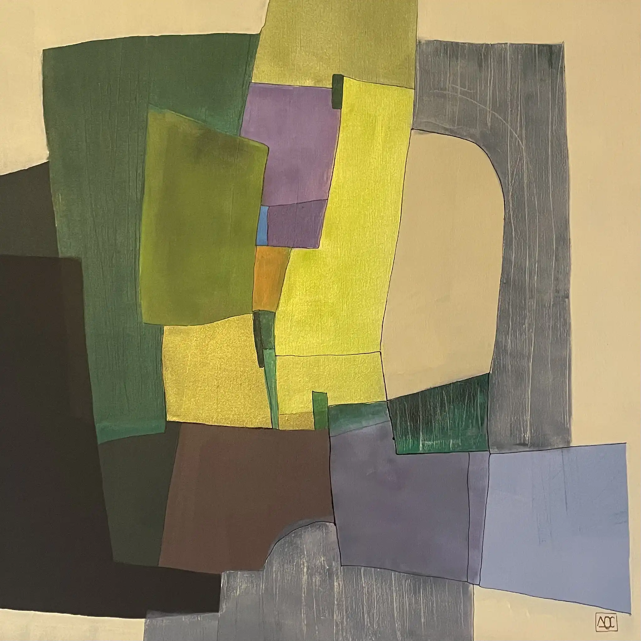 Abstract acrylic painting of overlapping green, yellow, ochre, purple, and gray geometric planes on linen