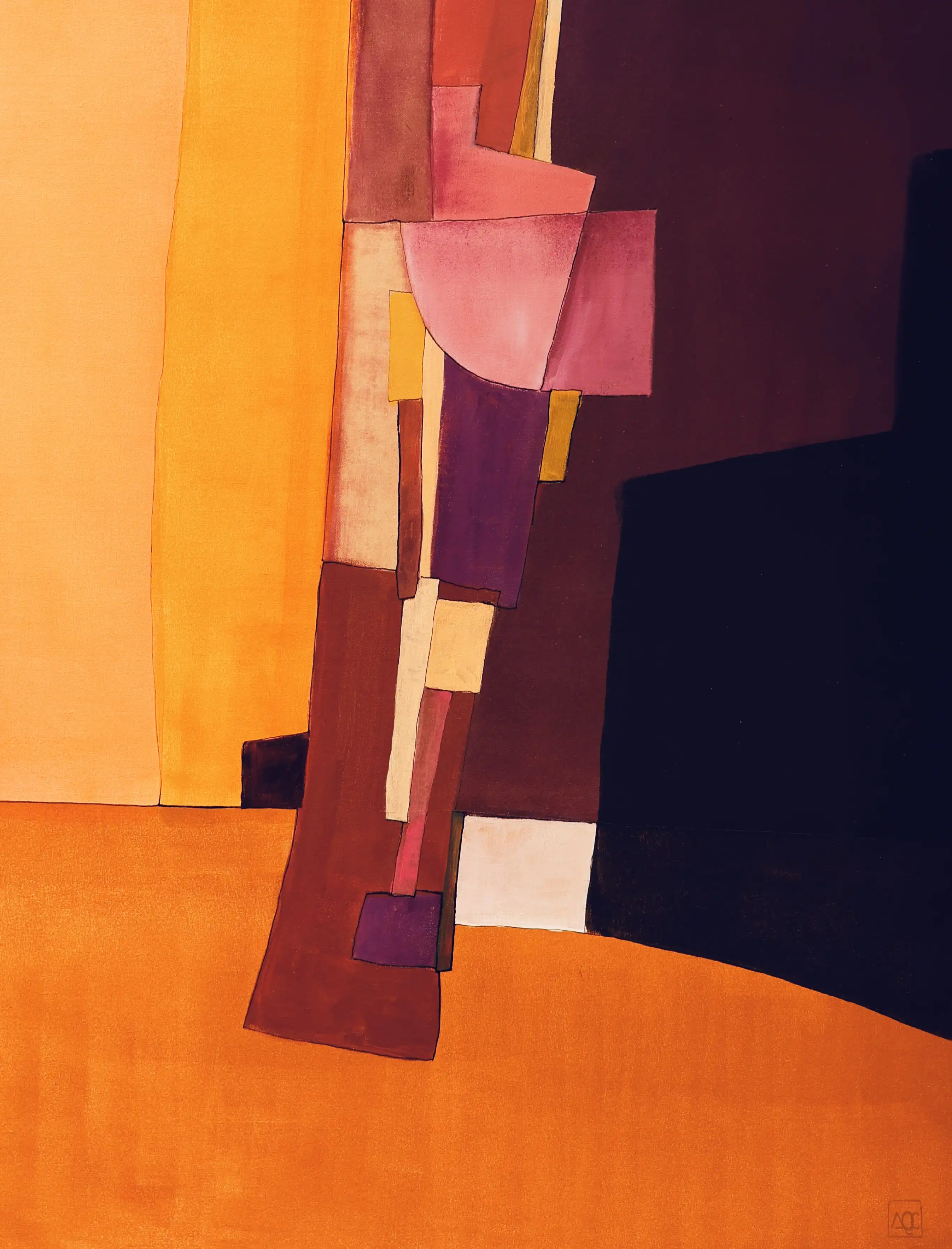 Geometric acrylic painting: orange, purple, and pink color fields with dark accents on linen canvas