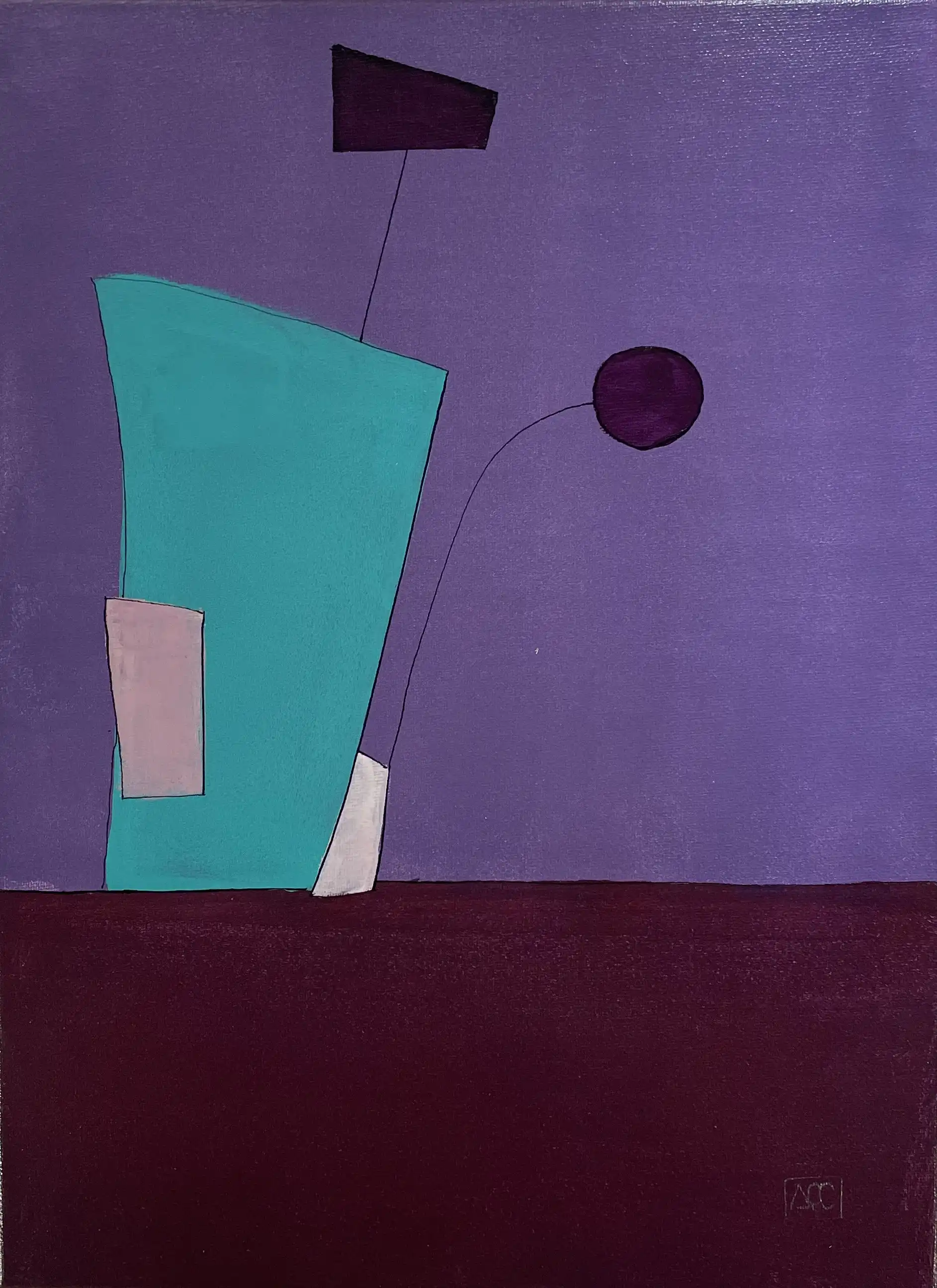 Acrylic painting: violet and teal geometric shapes with deep red-purple base on vertical canvas