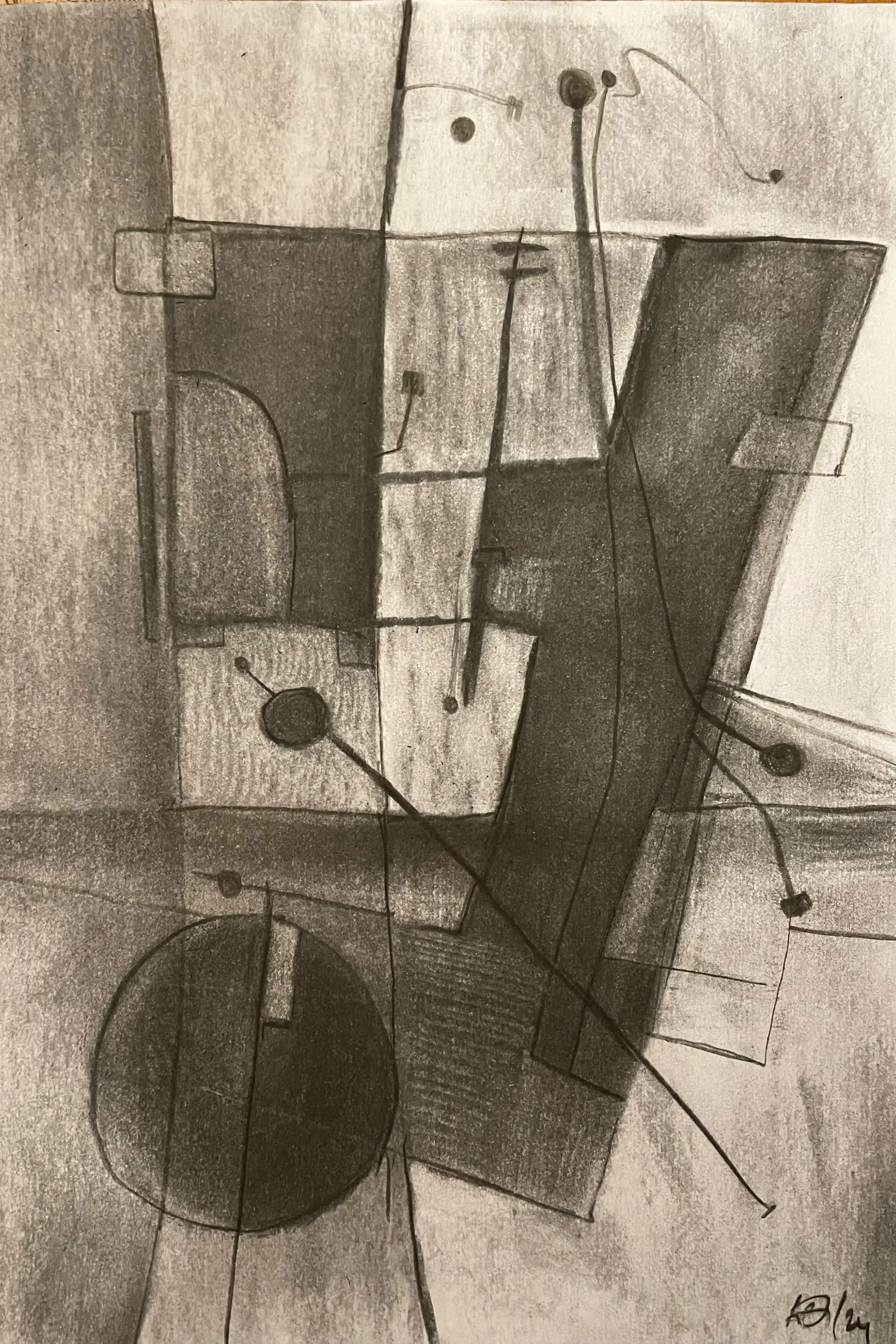 Charcoal drawing with overlapping rectangles, circles, and radiating lines creating geometric tension in grayscale tones