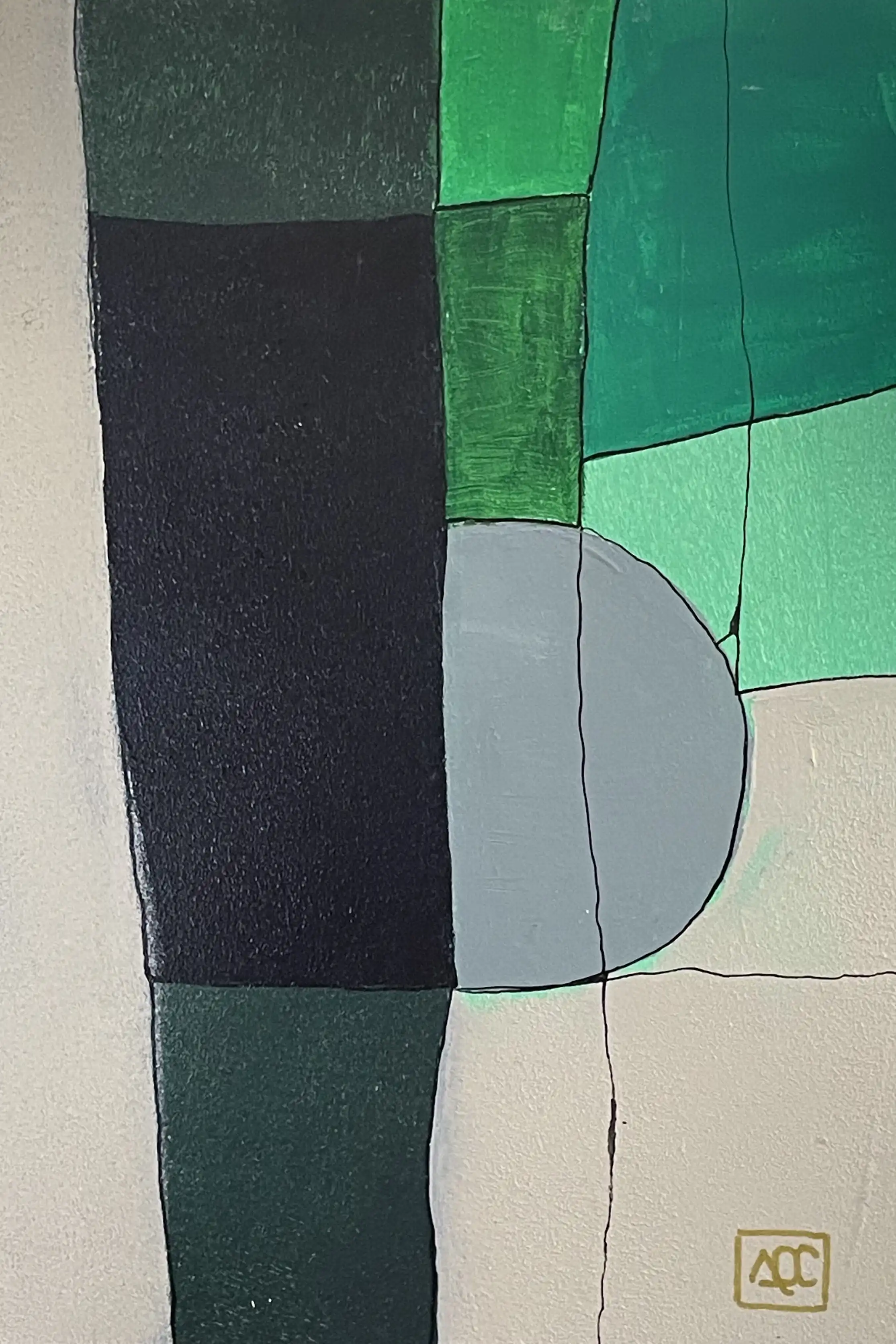 Acrylic painting: deep greens and blacks with lighter green-gray gradients in geometric layered forms on wood panel