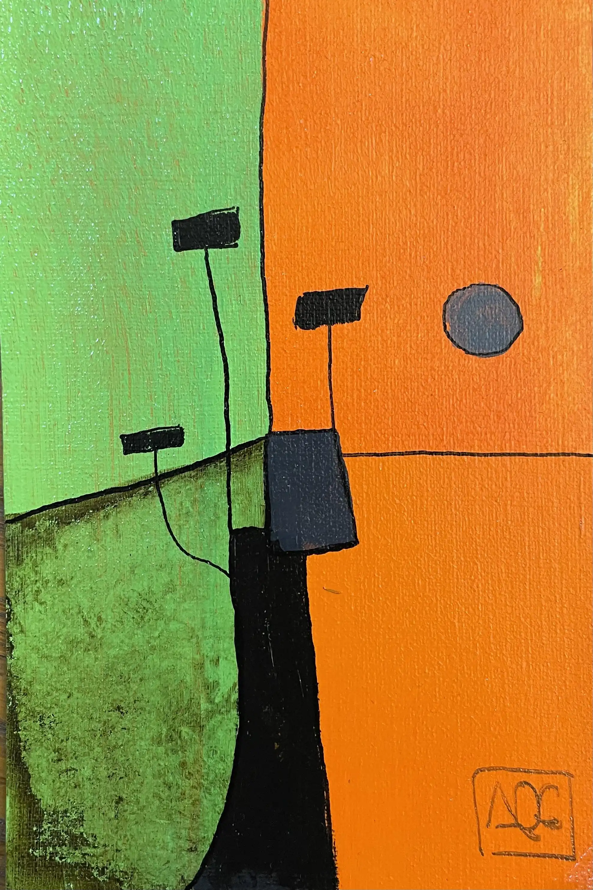 Acrylic painting showing orange and yellow-green color harmonies representing G Major chord structure on paper