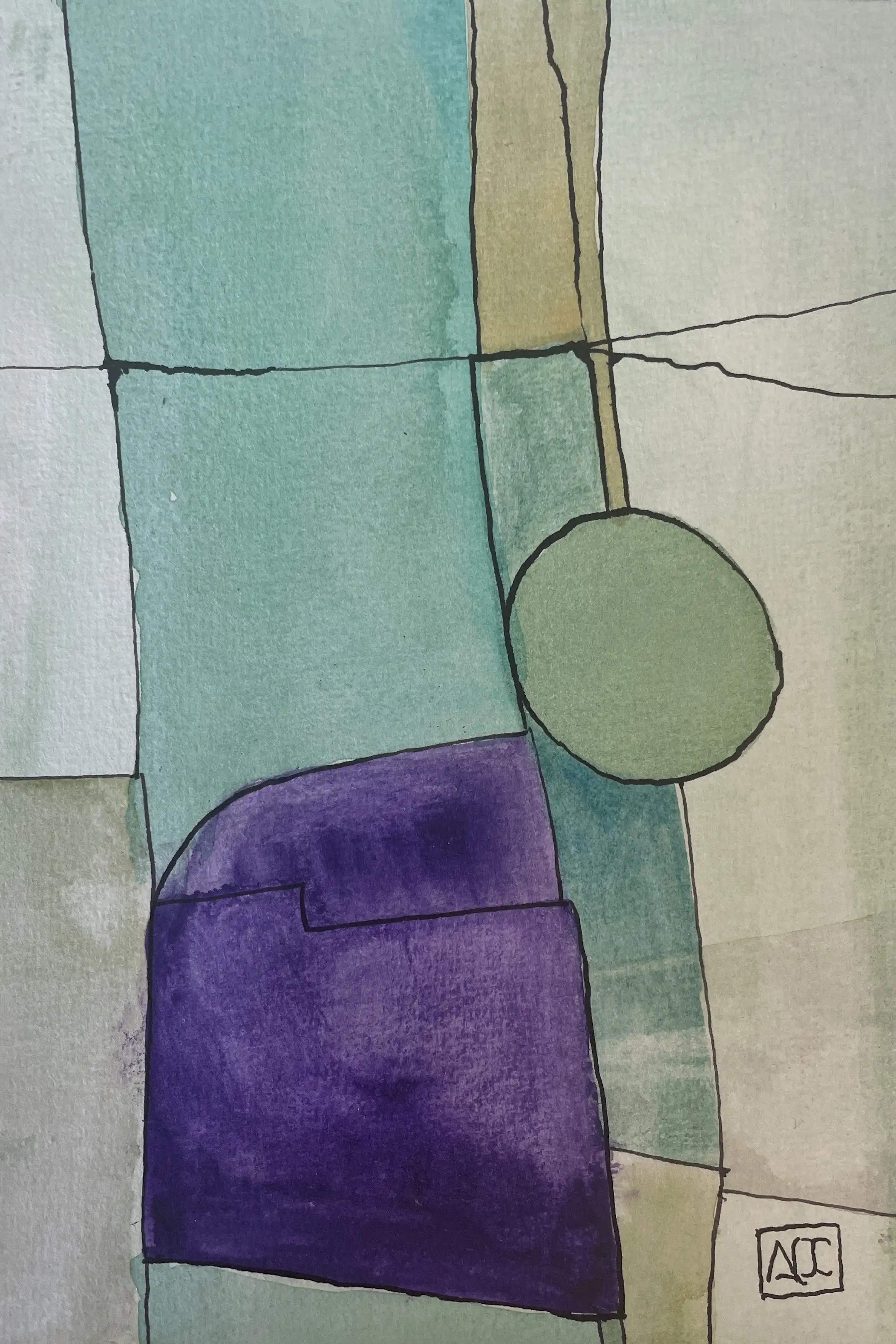 Watercolor painting with steel gray and sea green geometric forms creating abstract architectural composition