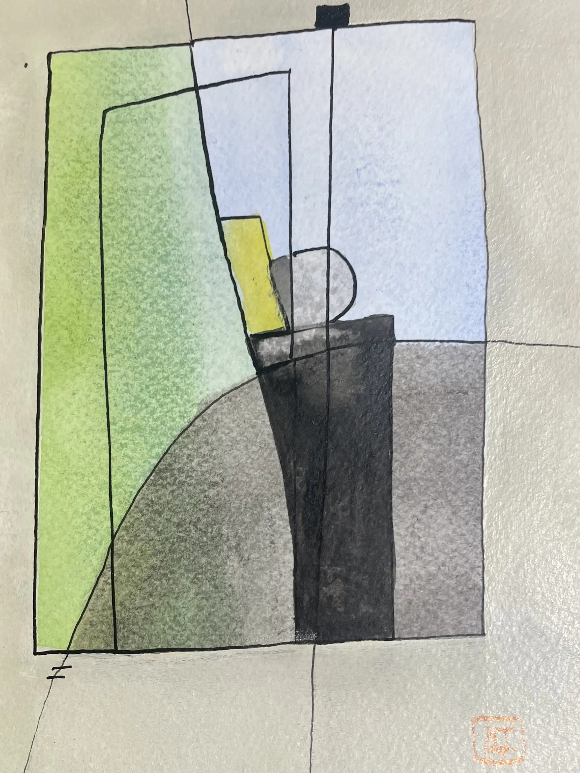 Watercolor painting translating E Major chord into yellow, blue-violet, and yellow-green geometric forms on paper