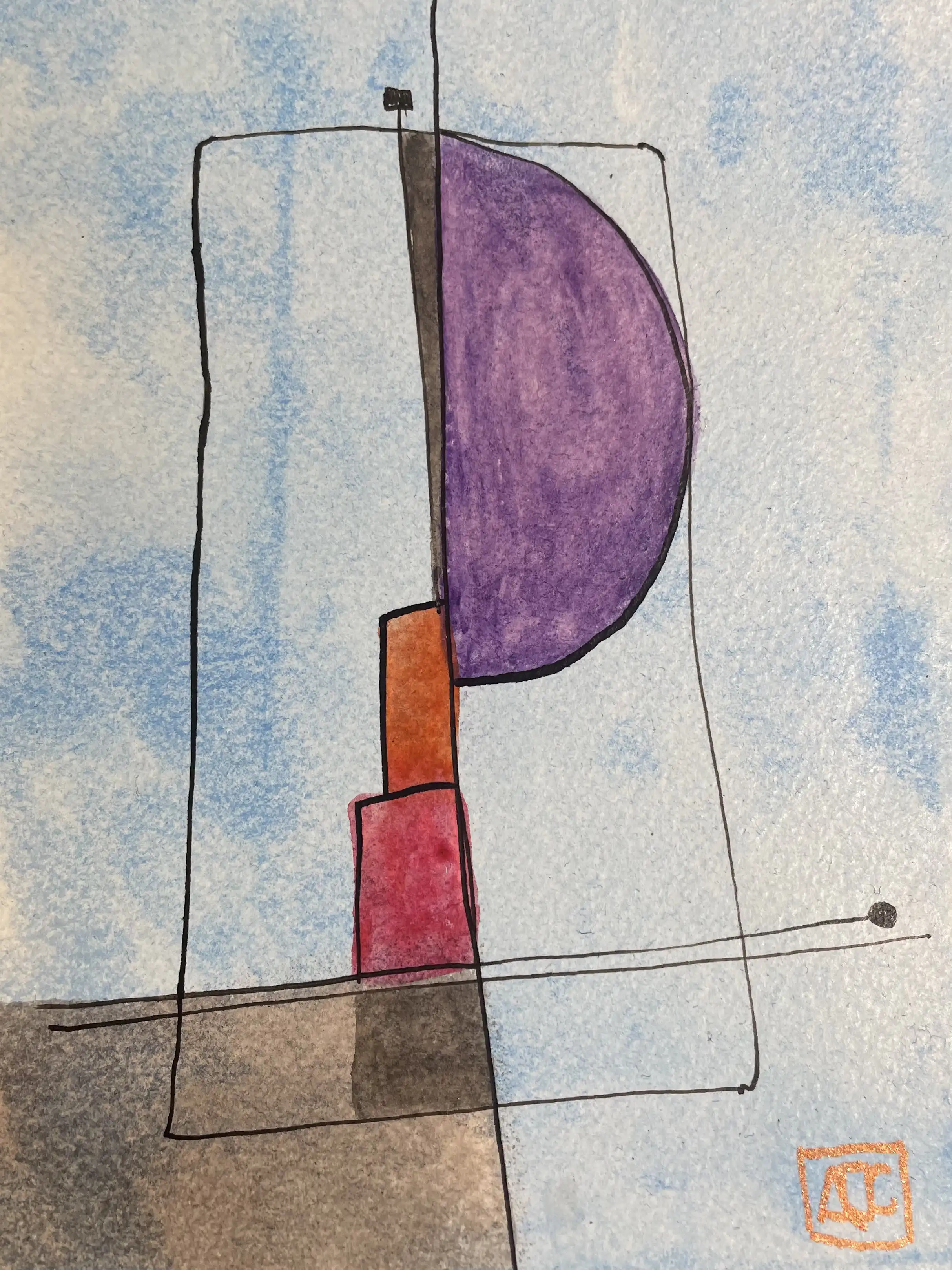 Geometric watercolor translating F minor chord: red-purple, blue, red zones with muted tonal transitions
