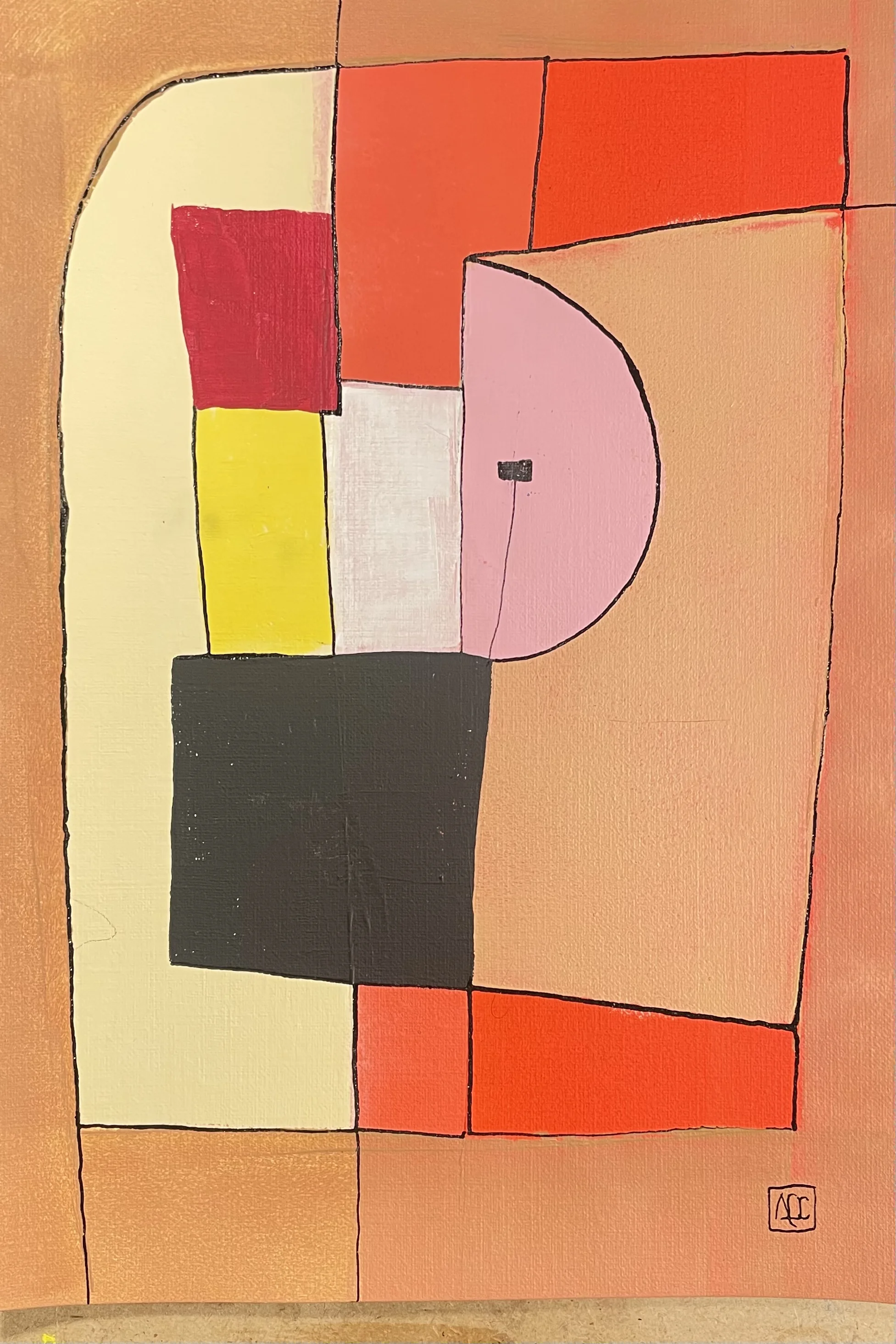 Acrylic painting with dominant orange tones, red-orange areas, and yellow accents in geometric arrangement