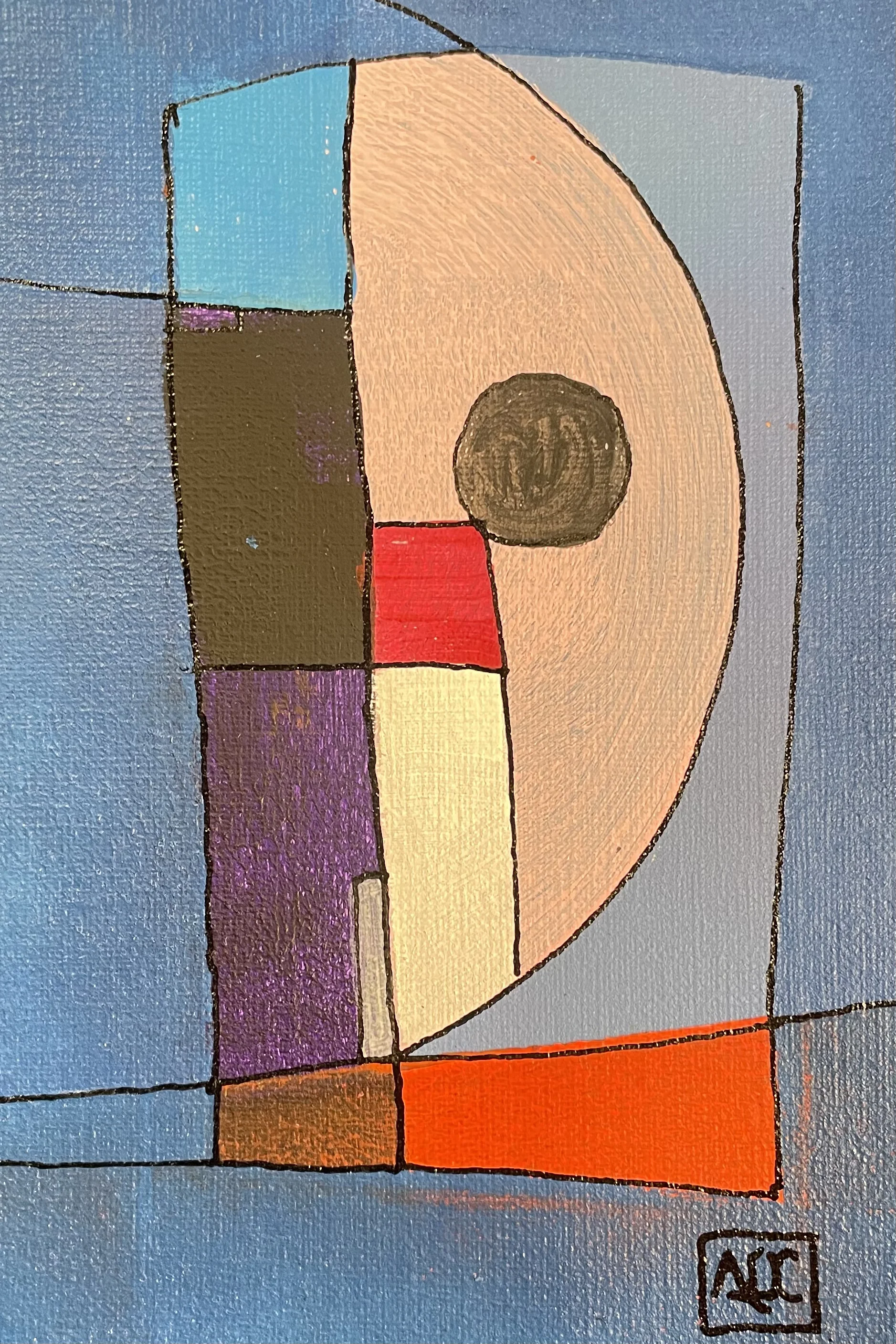 Acrylic on paper: geometric rectangles in blue-violet, dark brown, orange and luminous arc on blue-gray ground, vertical arrangement