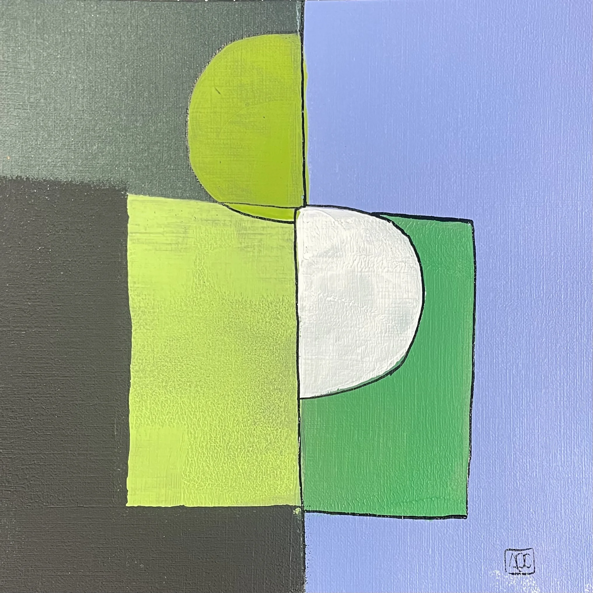 Acrylic painting: yellow-green, blue-violet, and green geometric forms on square paper