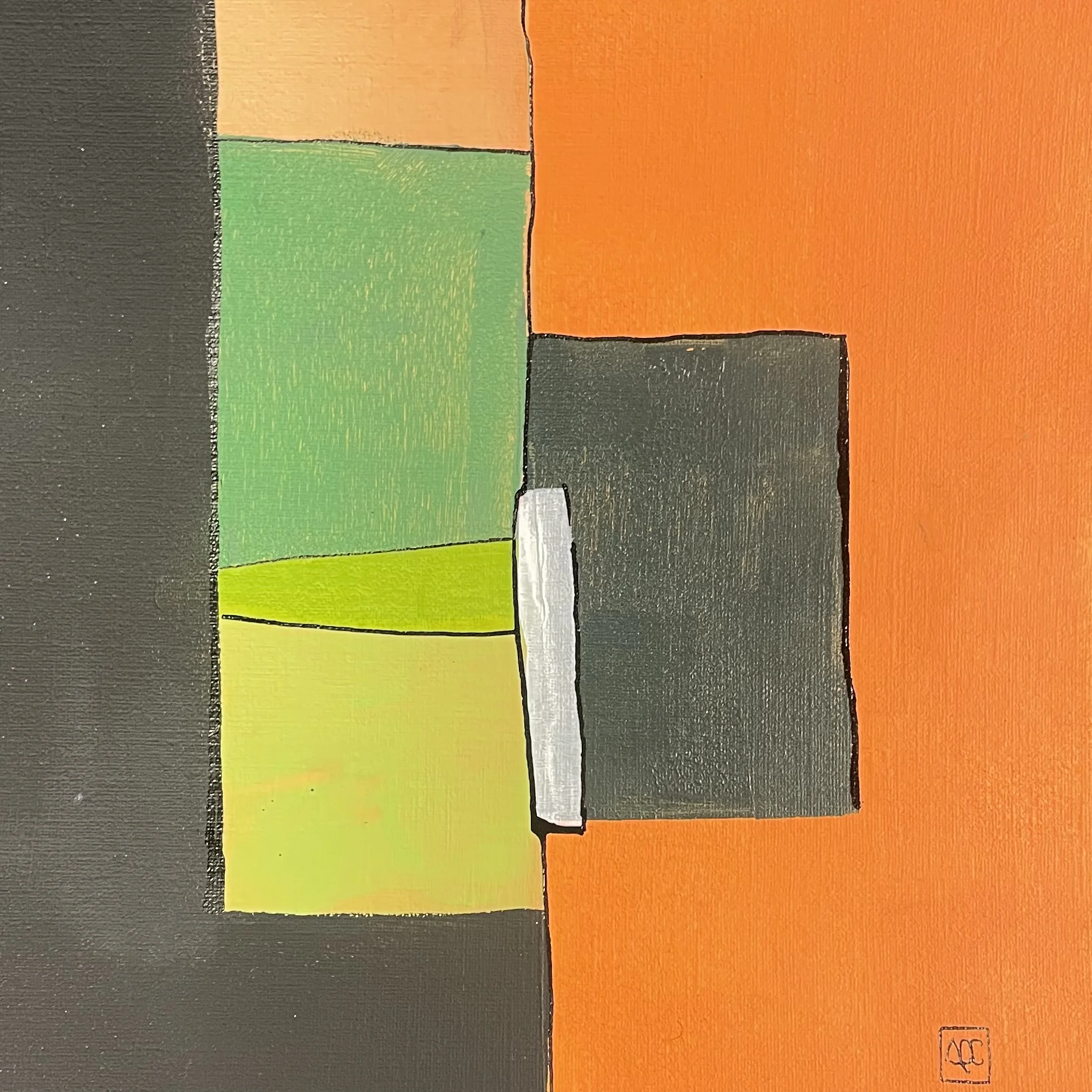 Geometric acrylic painting with orange, yellow-green, and dark gray rectangles on paper