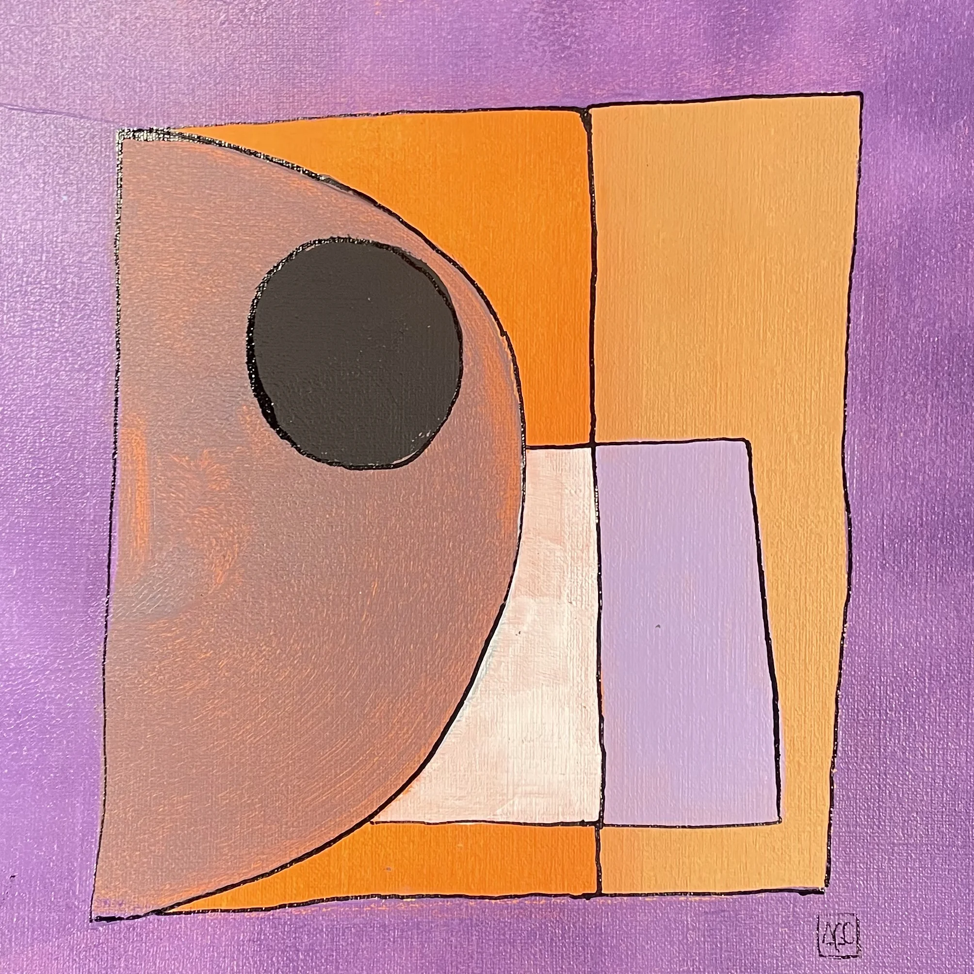 Acrylic painting with red-violet, orange, and red-orange geometric forms translating Bb Major chord into visual harmony
