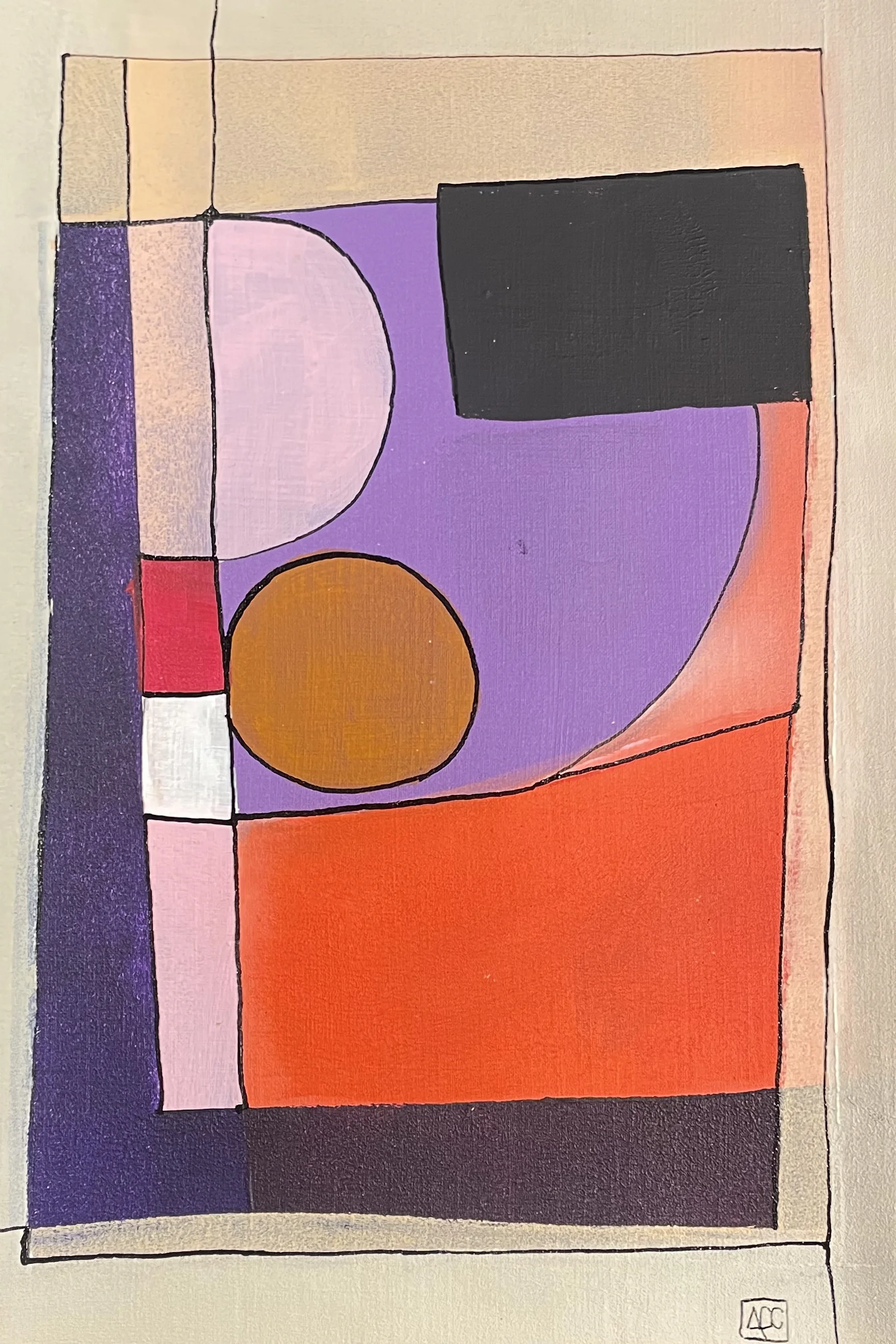 Acrylic painting with orange, violet, and red geometric shapes translating C minor chord