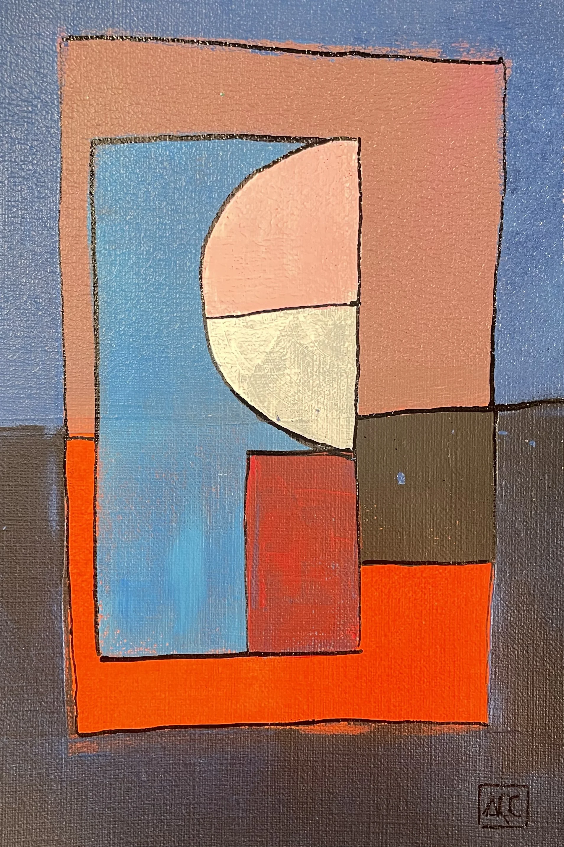Geometric acrylic painting: salmon, blue, and red-orange blocks with semicircular form on dark border
