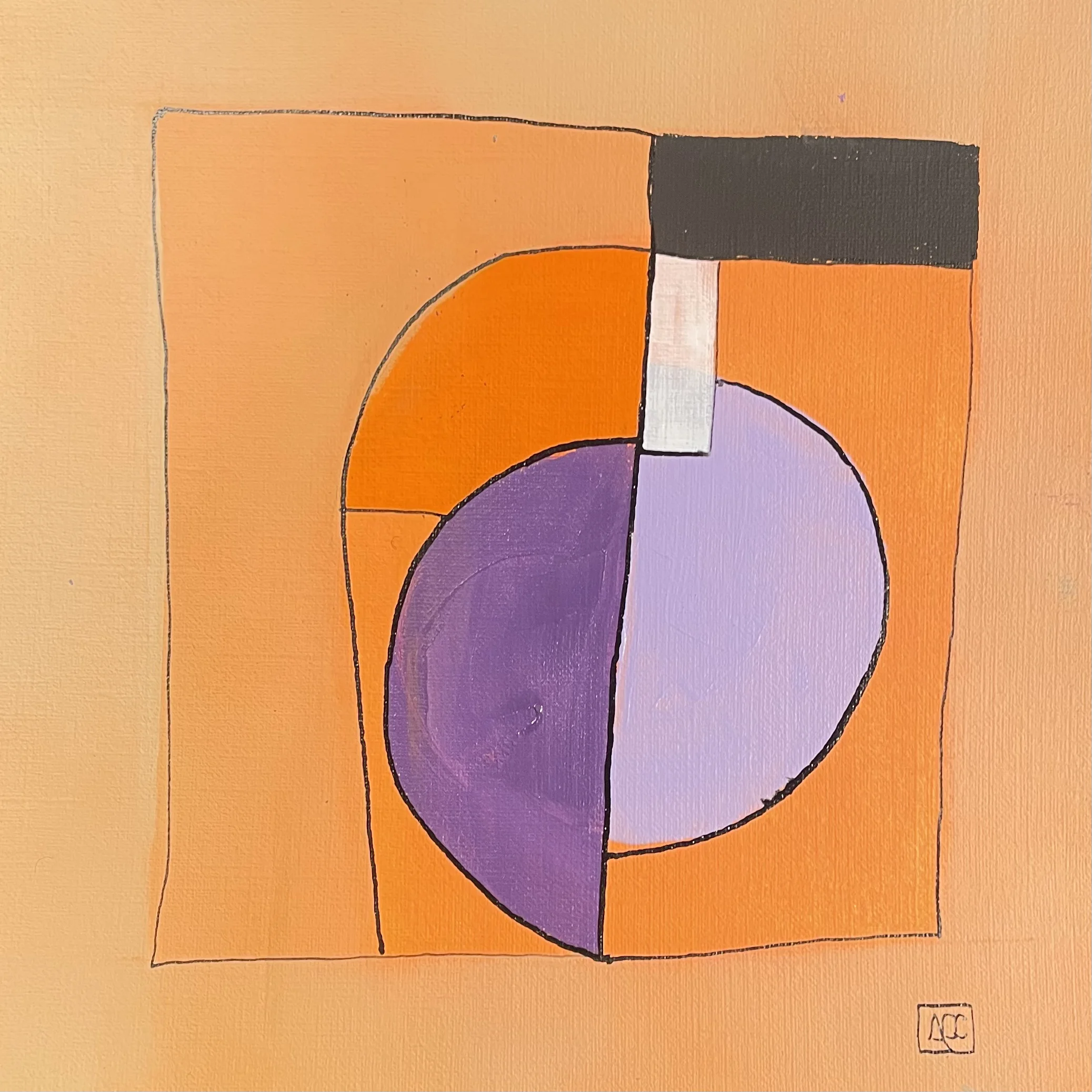 Acrylic painting: orange ground with purple circle, dark rectangle, and geometric forms on square paper