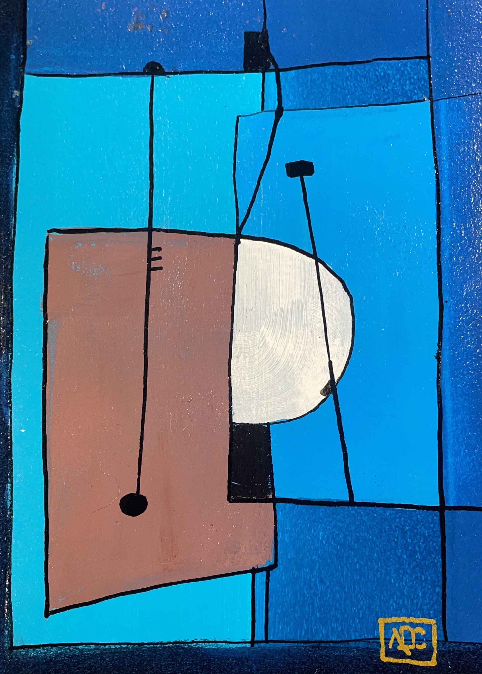 Acrylic painting showing red-orange and blue-violet color areas with darker violet tones in vertical composition