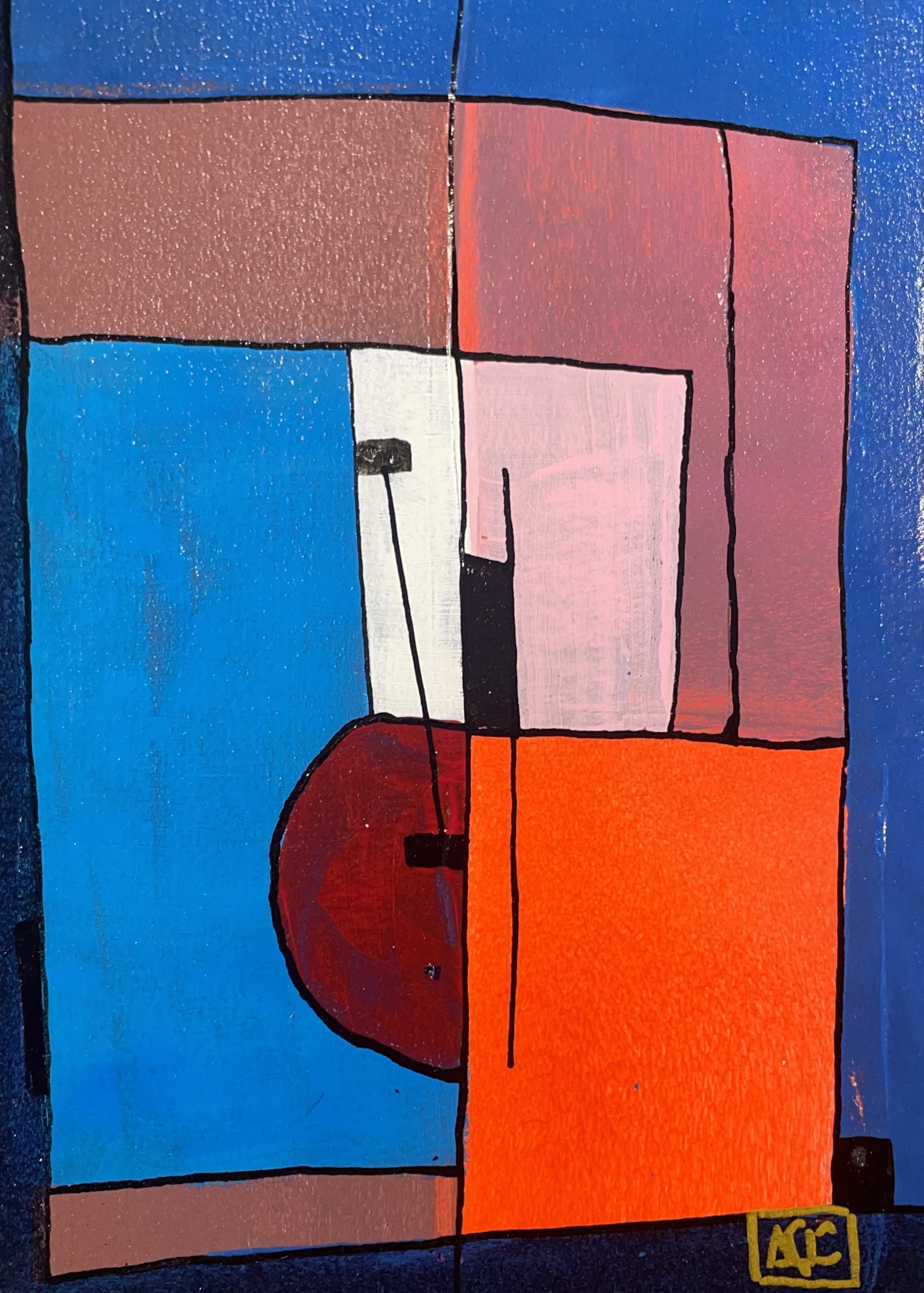 Acrylic painting with blue-violet areas on left, orange and red sections throughout, creating harmonic color relationships