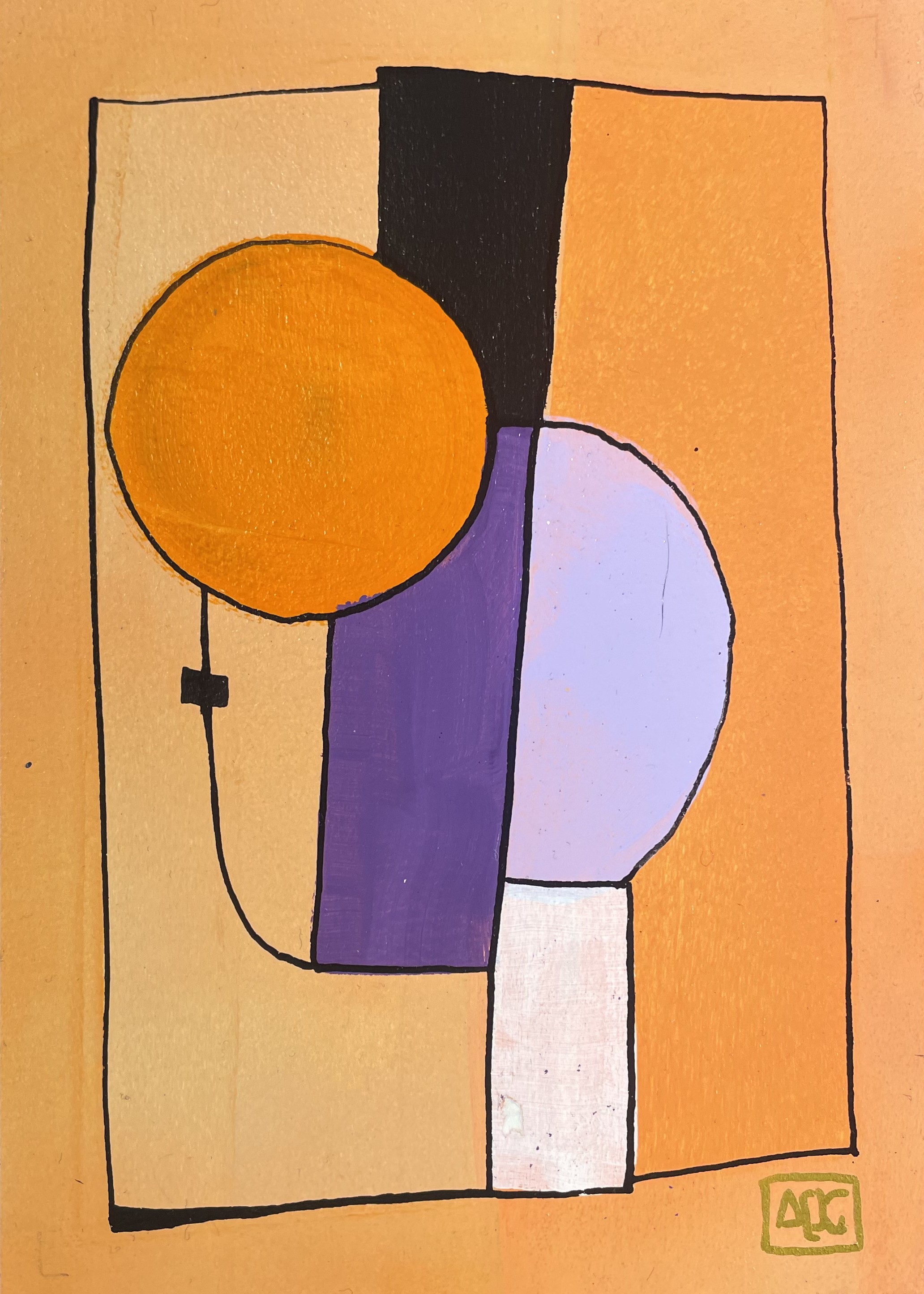 Acrylic painting: bold orange circle and purple arc with geometric forms on warm amber ground