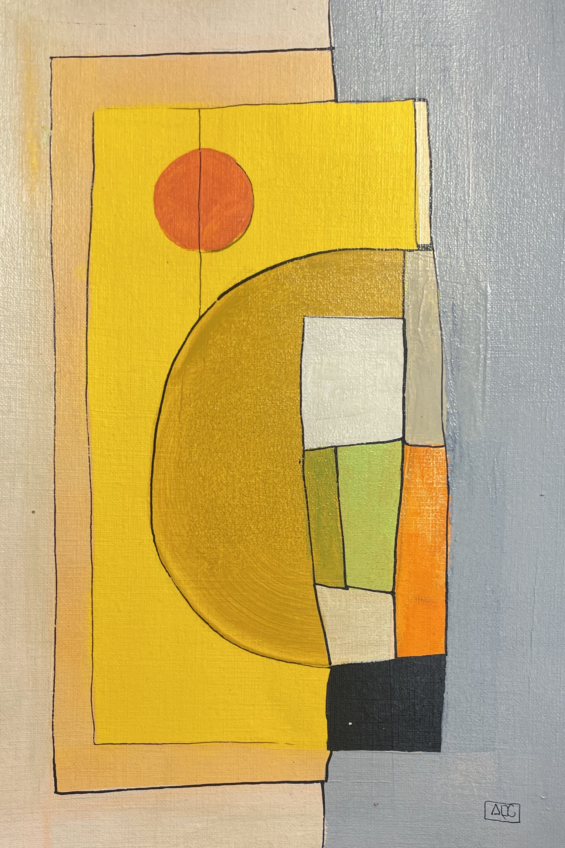 Acrylic painting with yellow-orange geometric forms and gray areas, small yellow-green accents creating harmonic color relationships