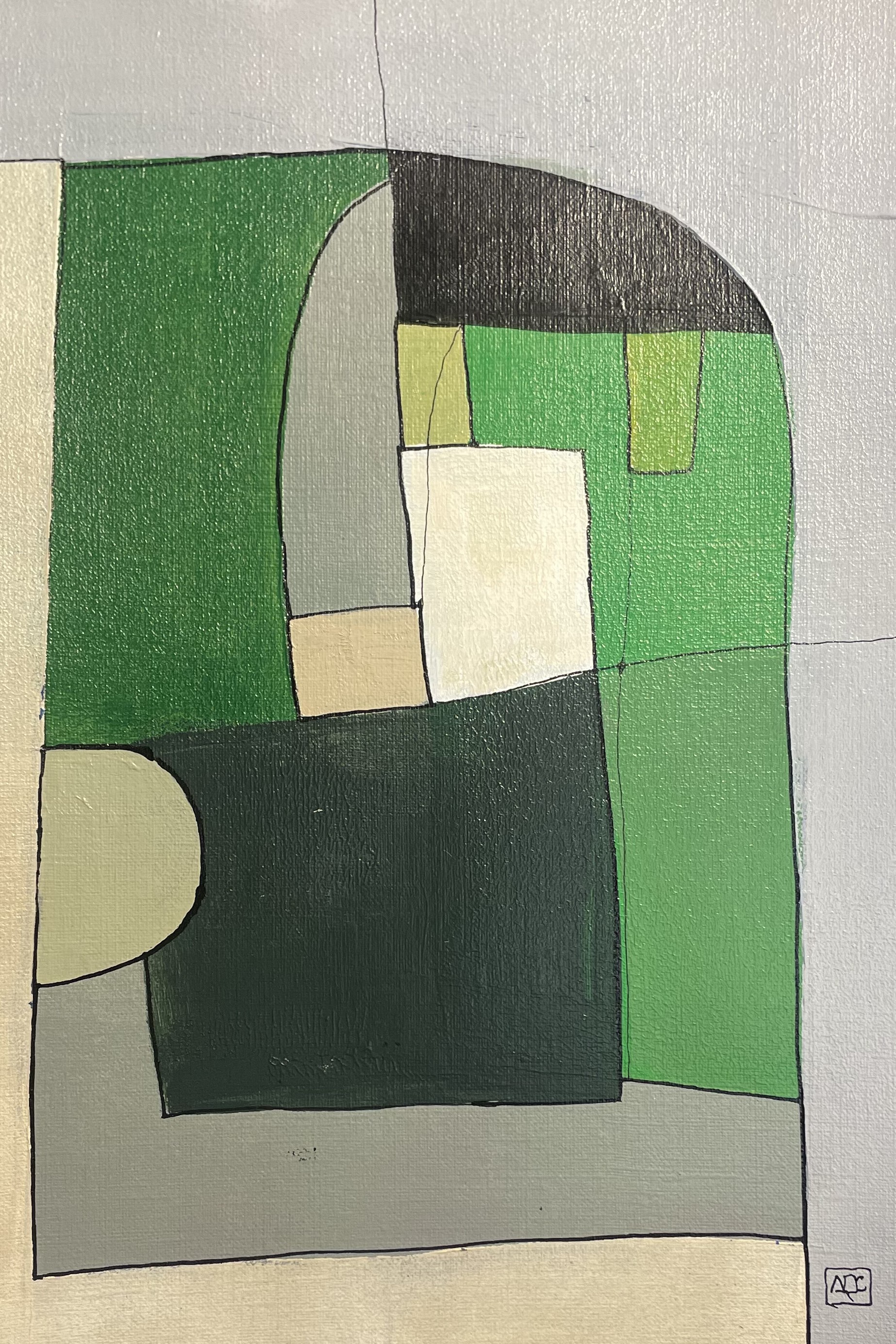 Acrylic painting with yellow-green geometric forms and cream areas arranged vertically on paper support