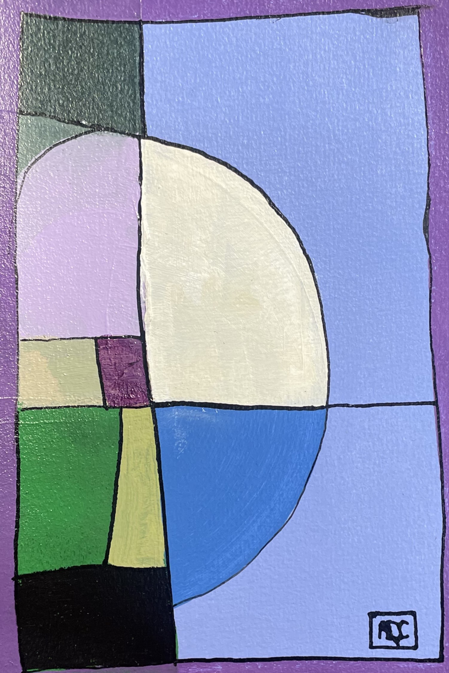 Acrylic painting with geometric color blocks in blue-violet, cream, violet, and black arranged in systematic harmonic relationships