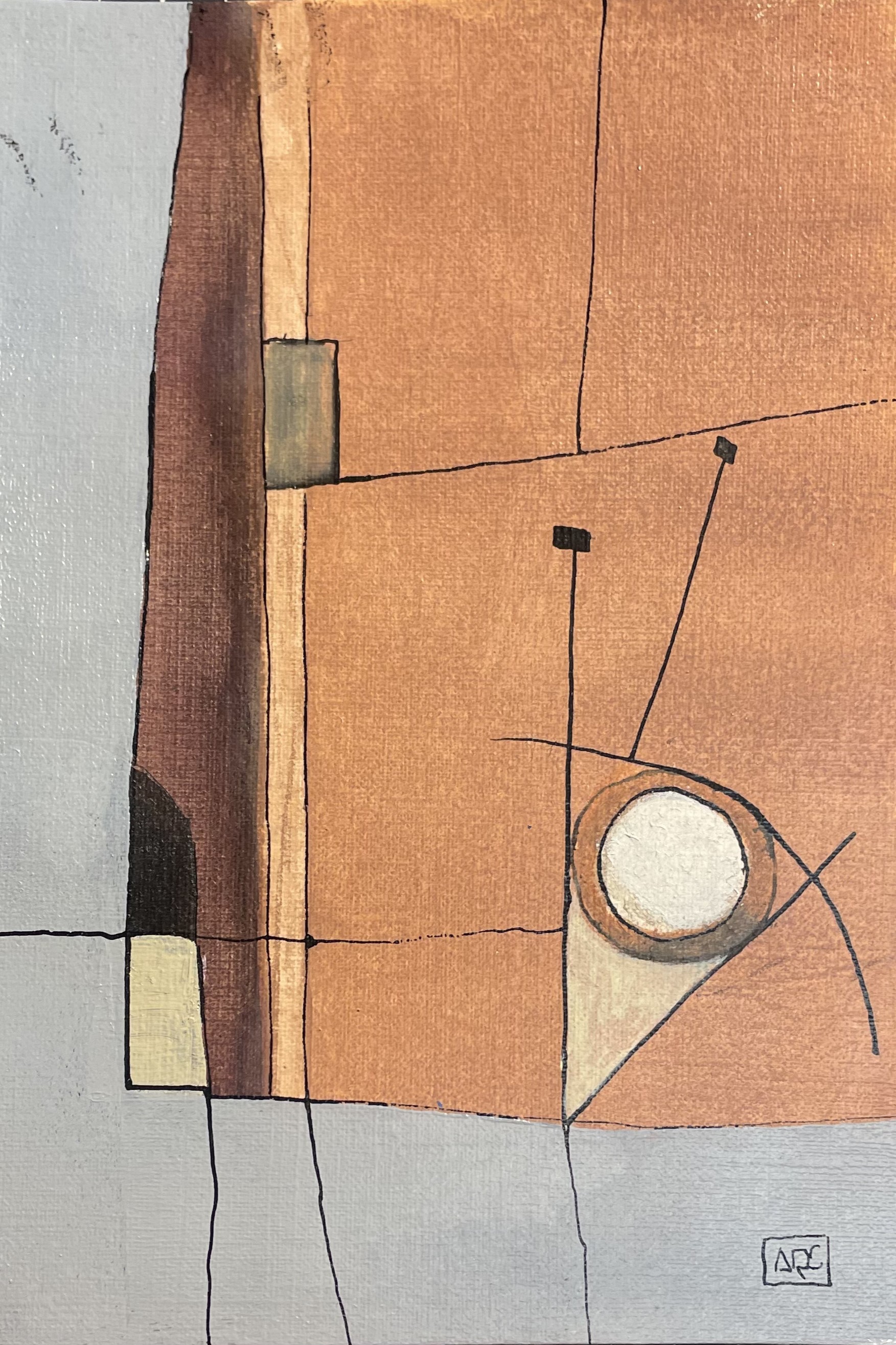 Horizontal acrylic painting with orange and gray tones representing D5 power chord through chromesthetic color mapping