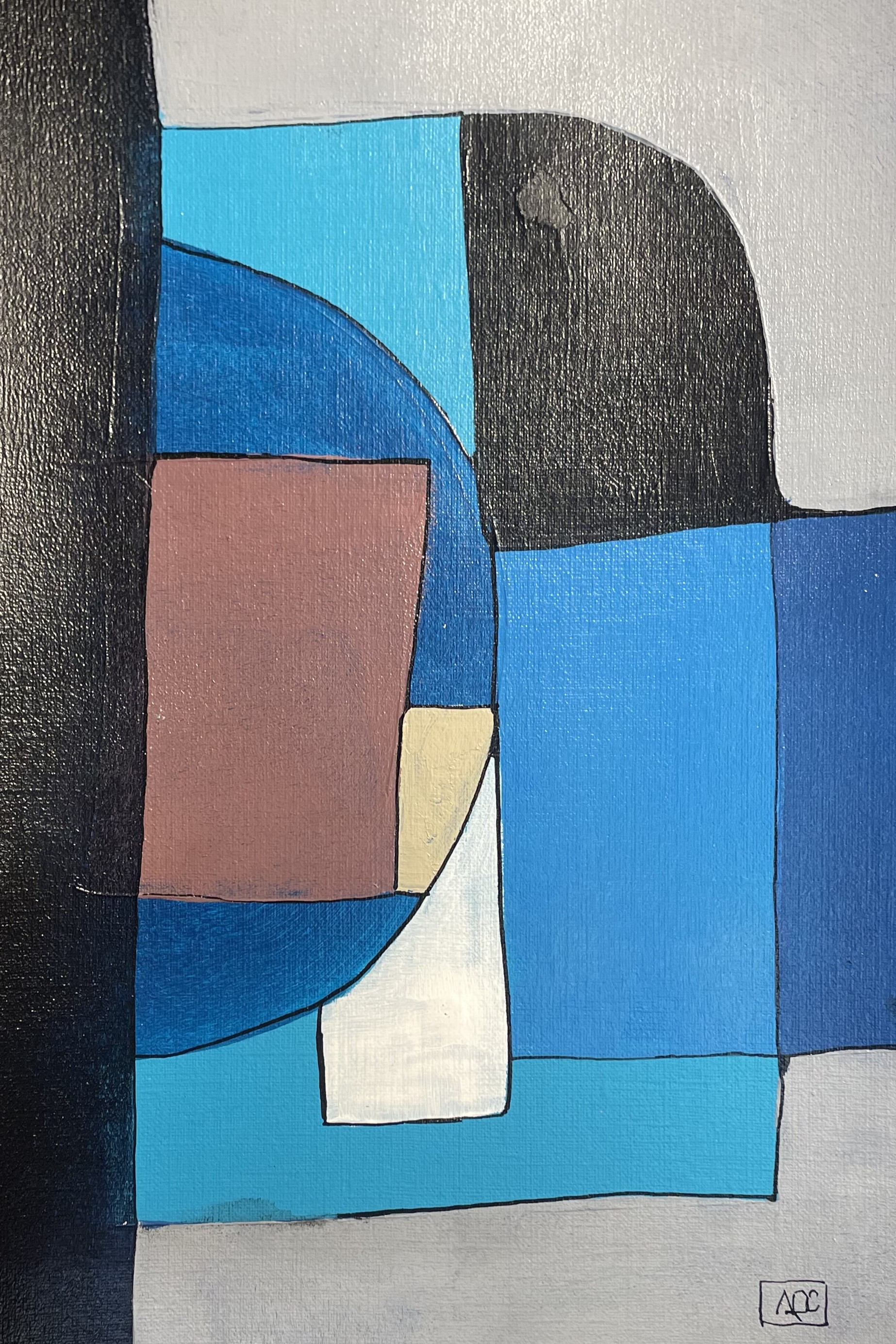 Acrylic painting with geometric color blocks in gray, blue-violet, and red-orange tones arranged as musical chord visualization