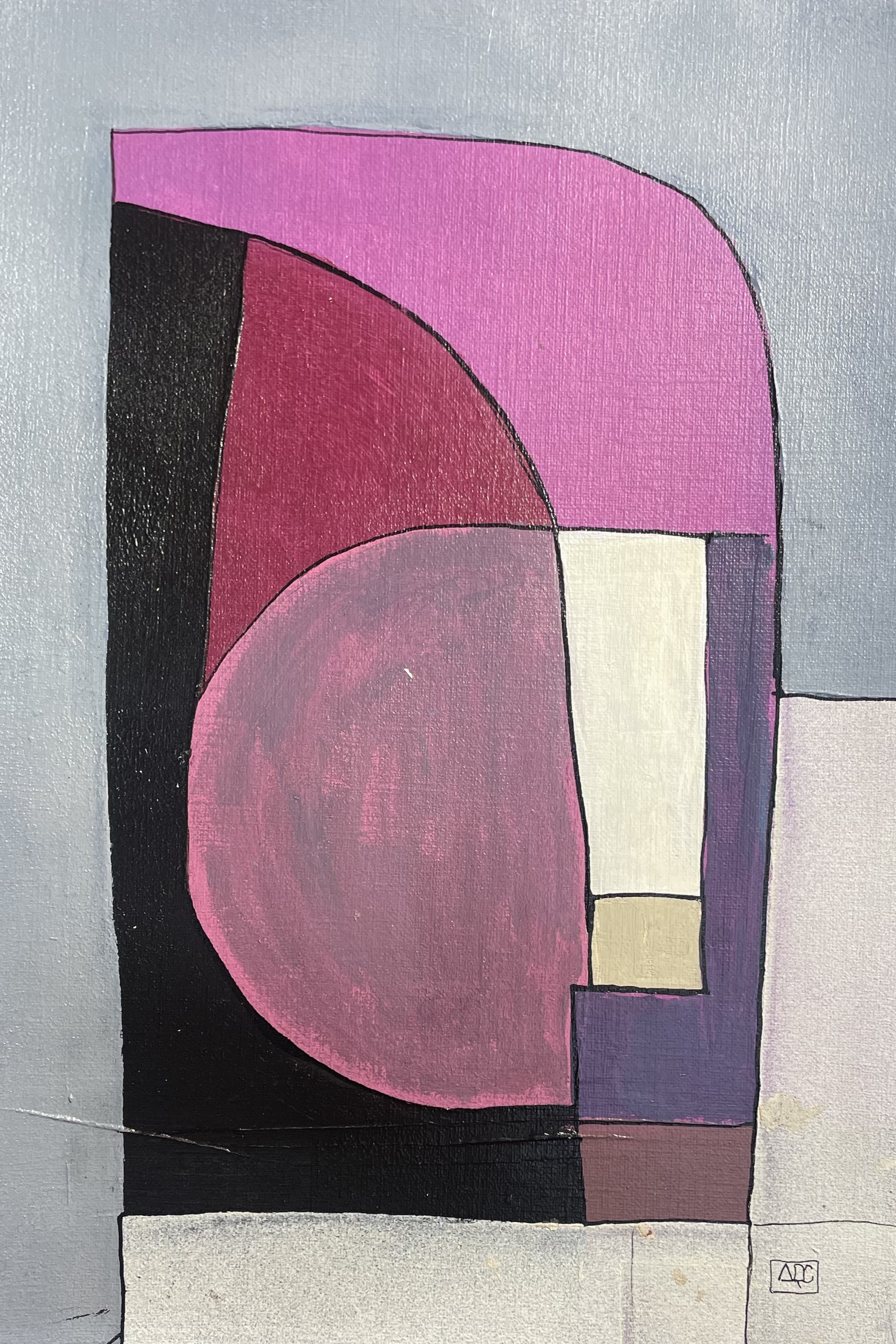 Acrylic painting with geometric color blocks in silver, red-violet, and cream tones representing F7 chord translation