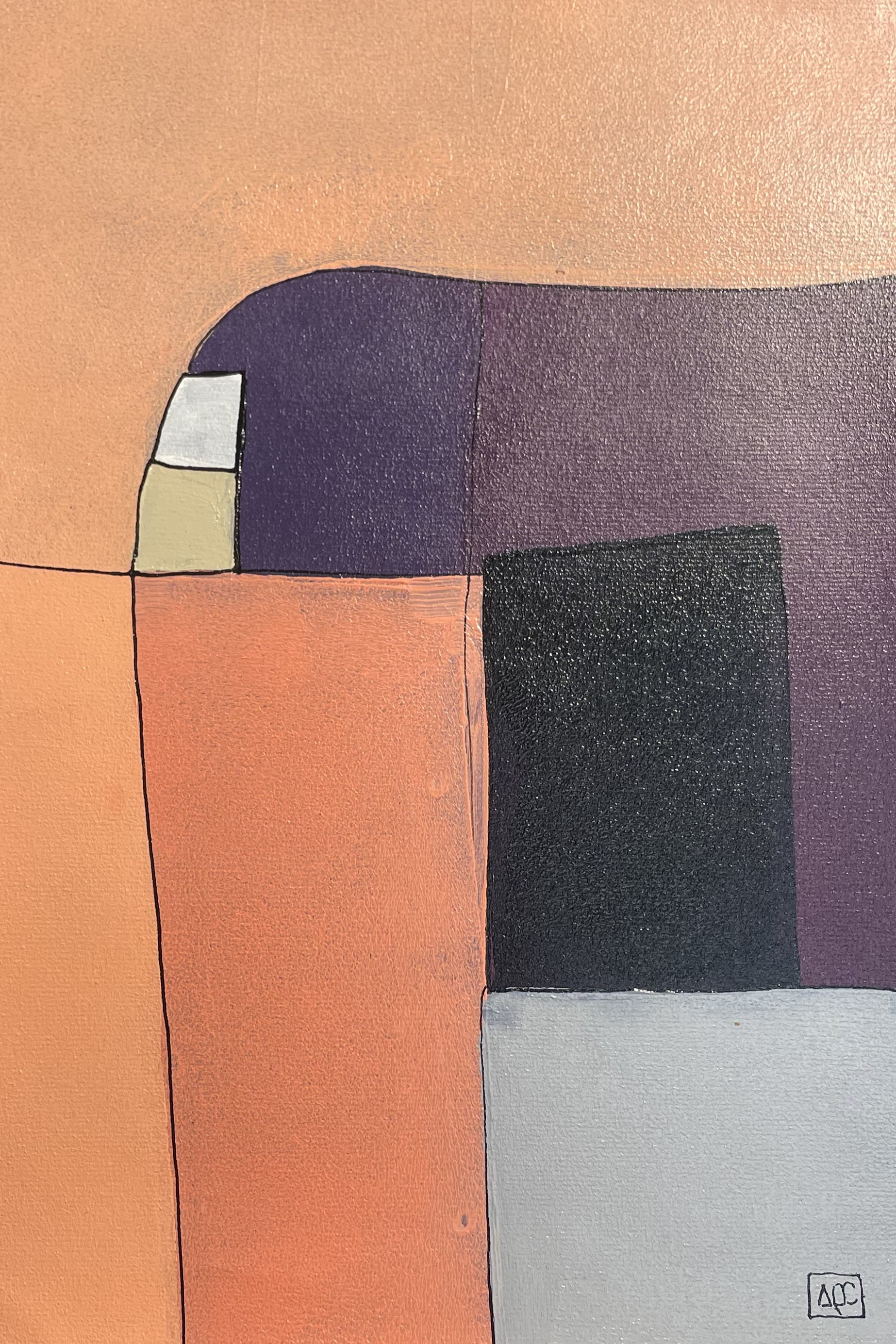 Acrylic painting with orange, violet, and gray geometric forms arranged in vertical composition showing musical harmony