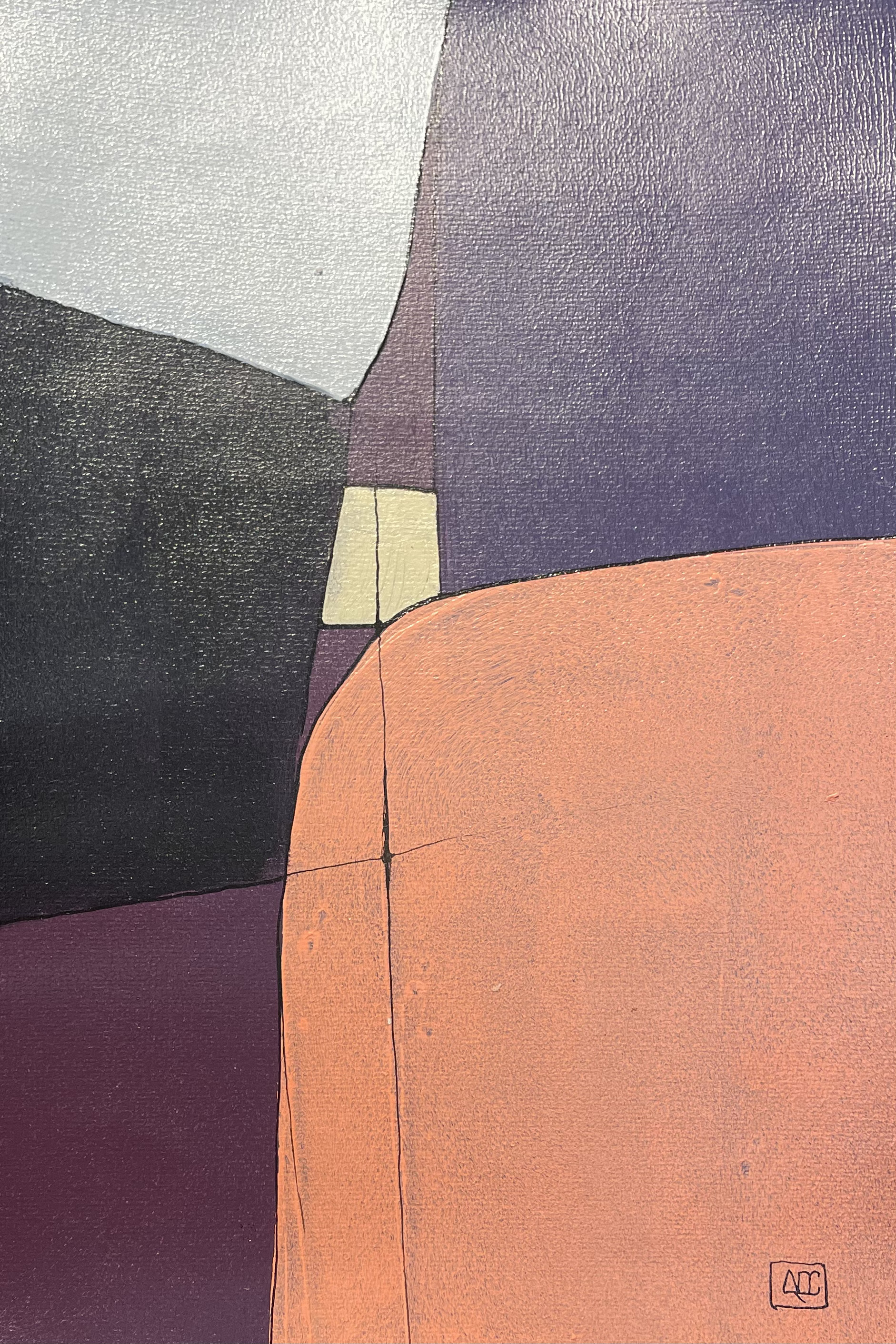 Acrylic painting with orange, violet, and silver color fields arranged vertically in harmonic relationships