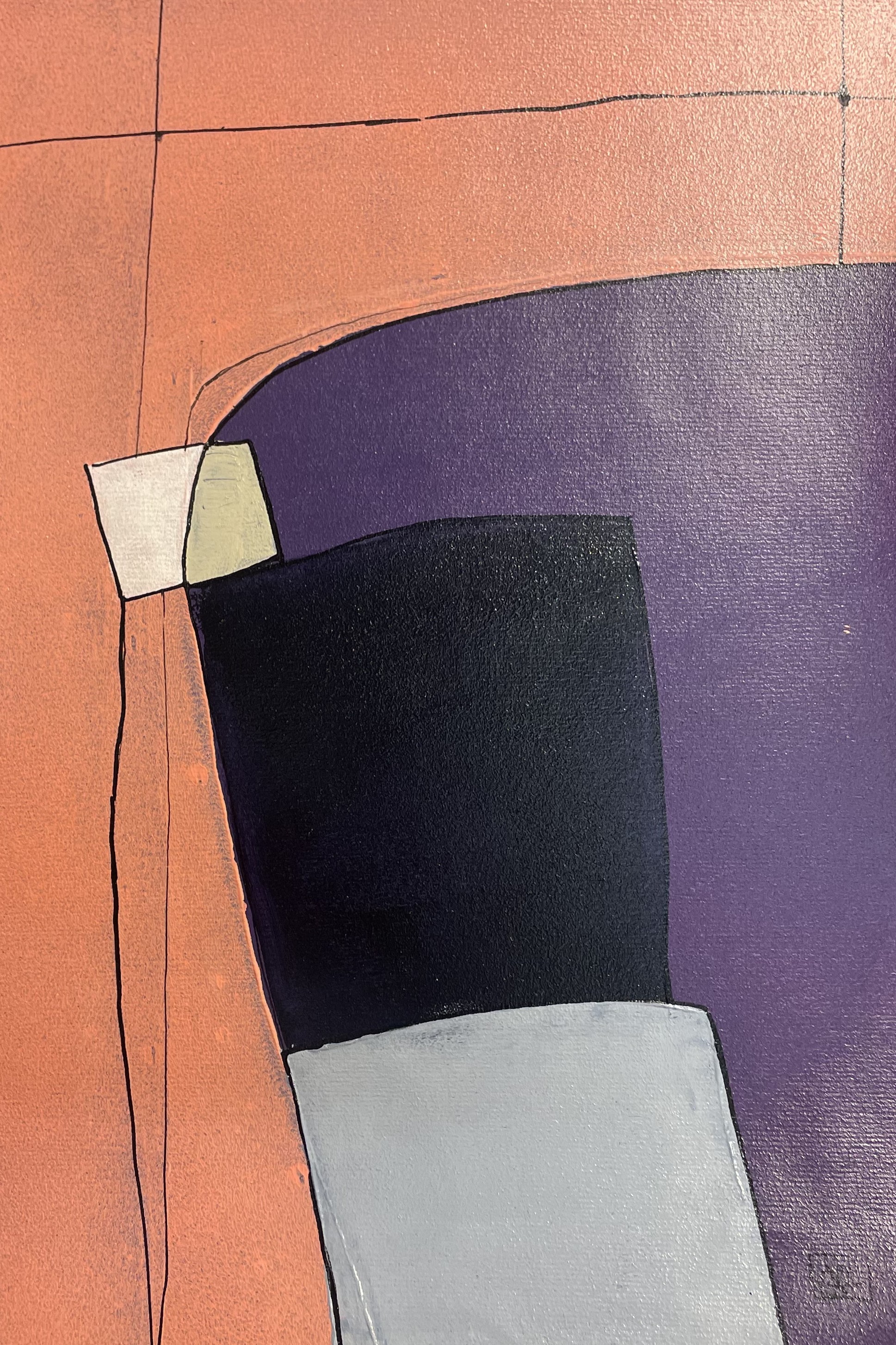 Acrylic painting showing orange, violet, and silver color areas arranged in geometric forms on paper support