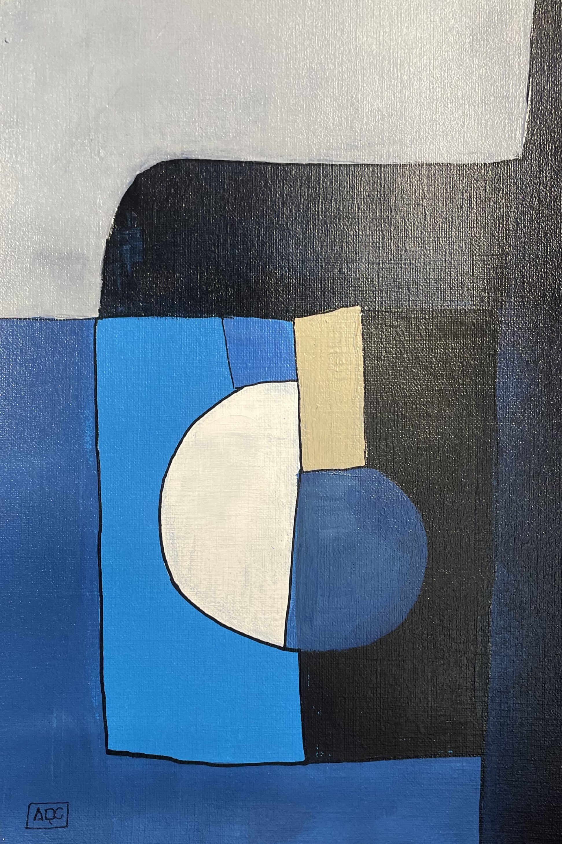 Acrylic painting with silver, blue-violet, and gray geometric forms arranged in harmonic color relationships